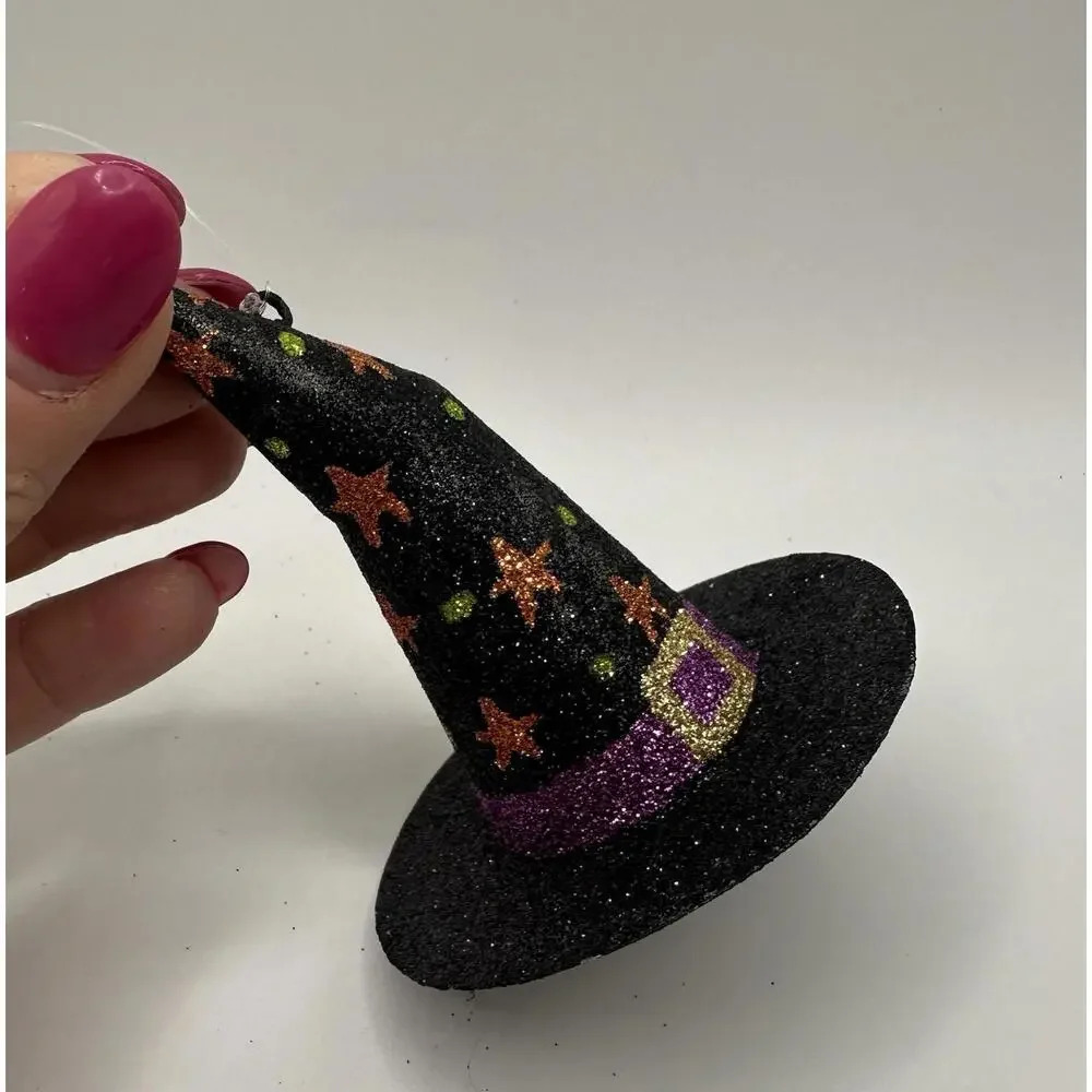 Pier 1 Halloween Black Witches Hat Ornament Stars Glitter